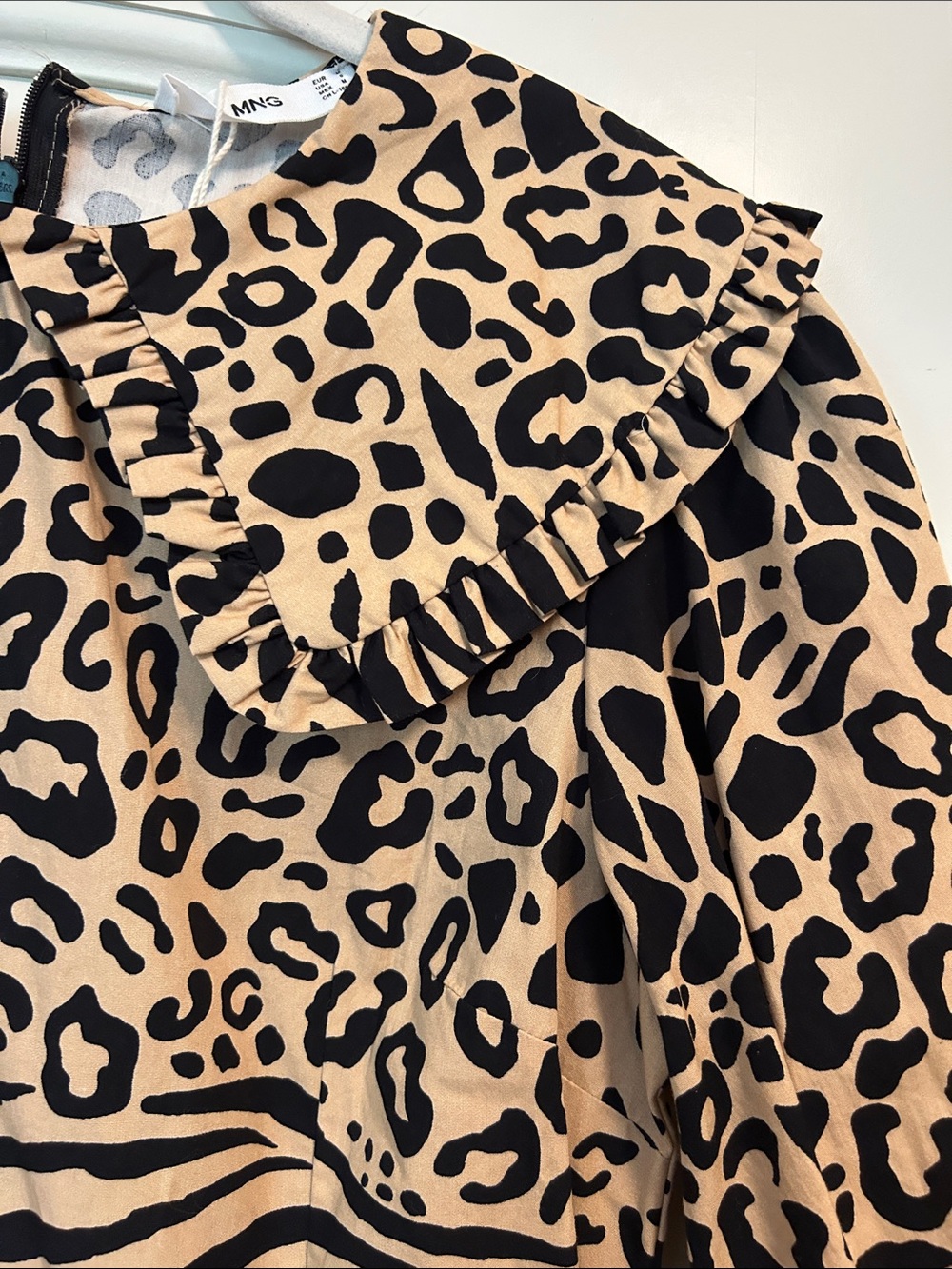 Mango Leopard Print Ruffle Neck Dress in Tan and Black - Picture 4 of 9